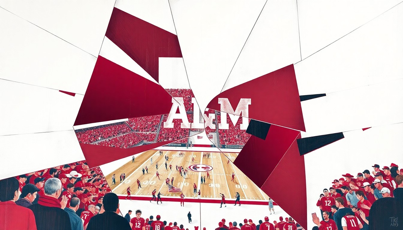 A cubist, geometric painting depicting a Texas A&M football game, with sharp, overlapping planes of maroon and white colors representing the action on the field.
