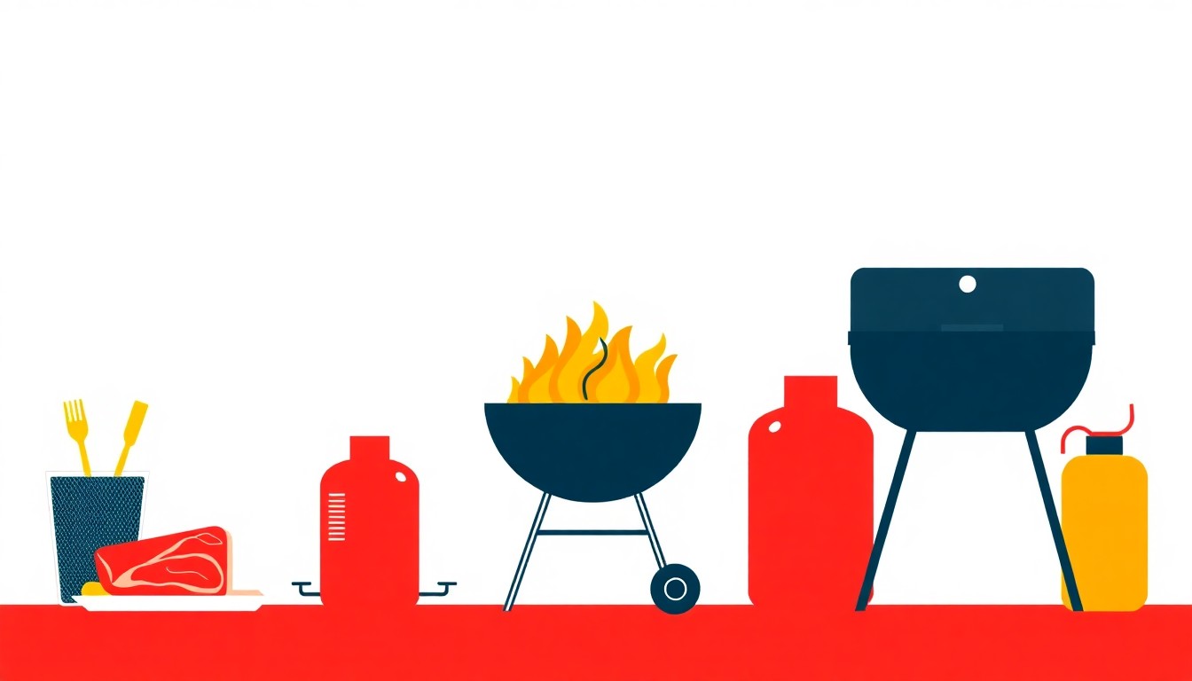 A geometric abstract illustration using bold shapes and primary colors to conceptually represent the rising costs of grilling essentials like beef and propane.