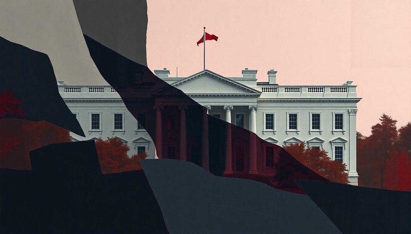 A dynamic, fragmented painting depicting the White House in overlapping geometric shapes and brushstrokes of dark grey, navy, and muted red, conveying the sense of political tension and legal battles surrounding the proposed ballroom construction.