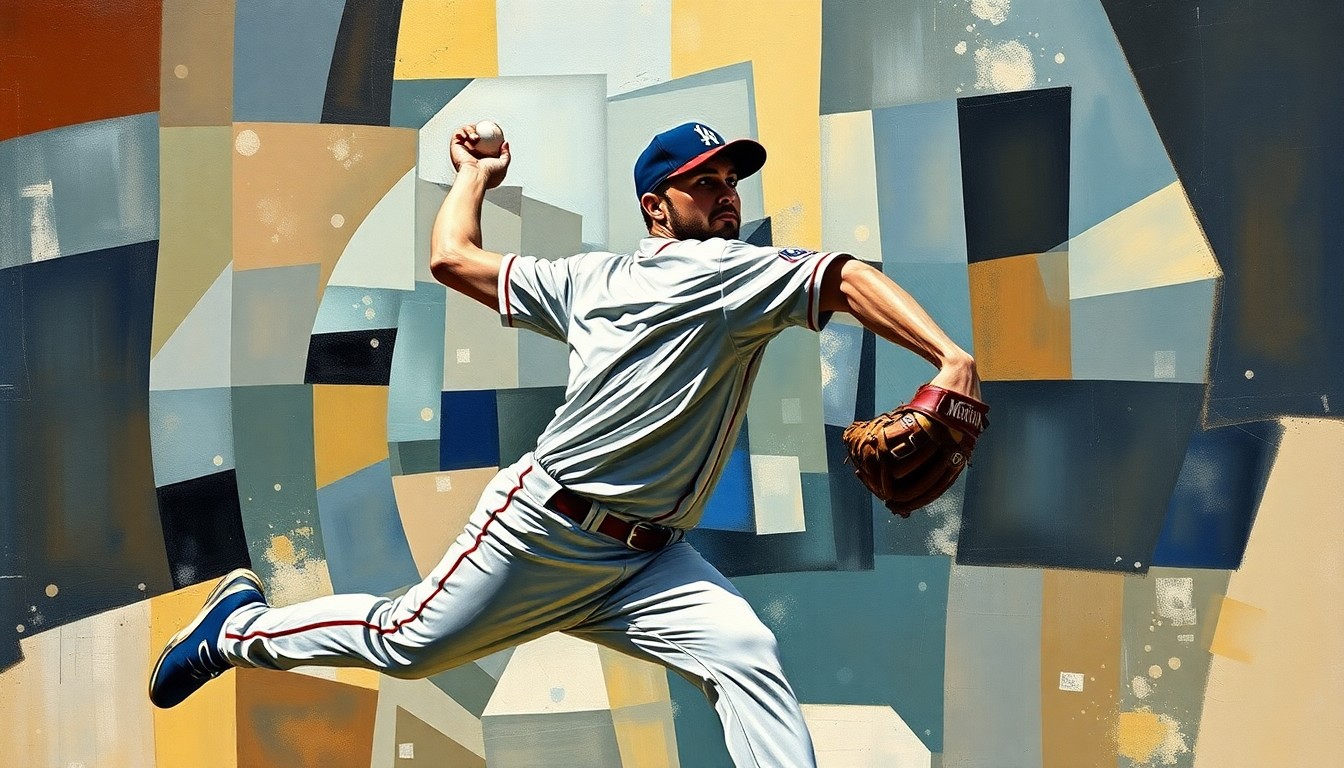 A fragmented, geometric painting depicting a baseball pitcher's motion, with sharp planes and angles that deconstruct the action into an abstract, cubist composition.