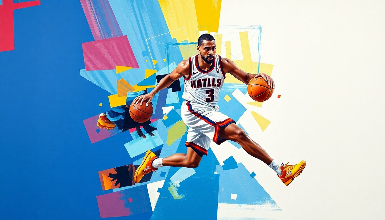 A fragmented, cubist-style painting depicting an Atlanta Hawks basketball player in motion, with the player's form broken down into sharp, overlapping geometric shapes and planes in the team's bright red, blue, and white colors.