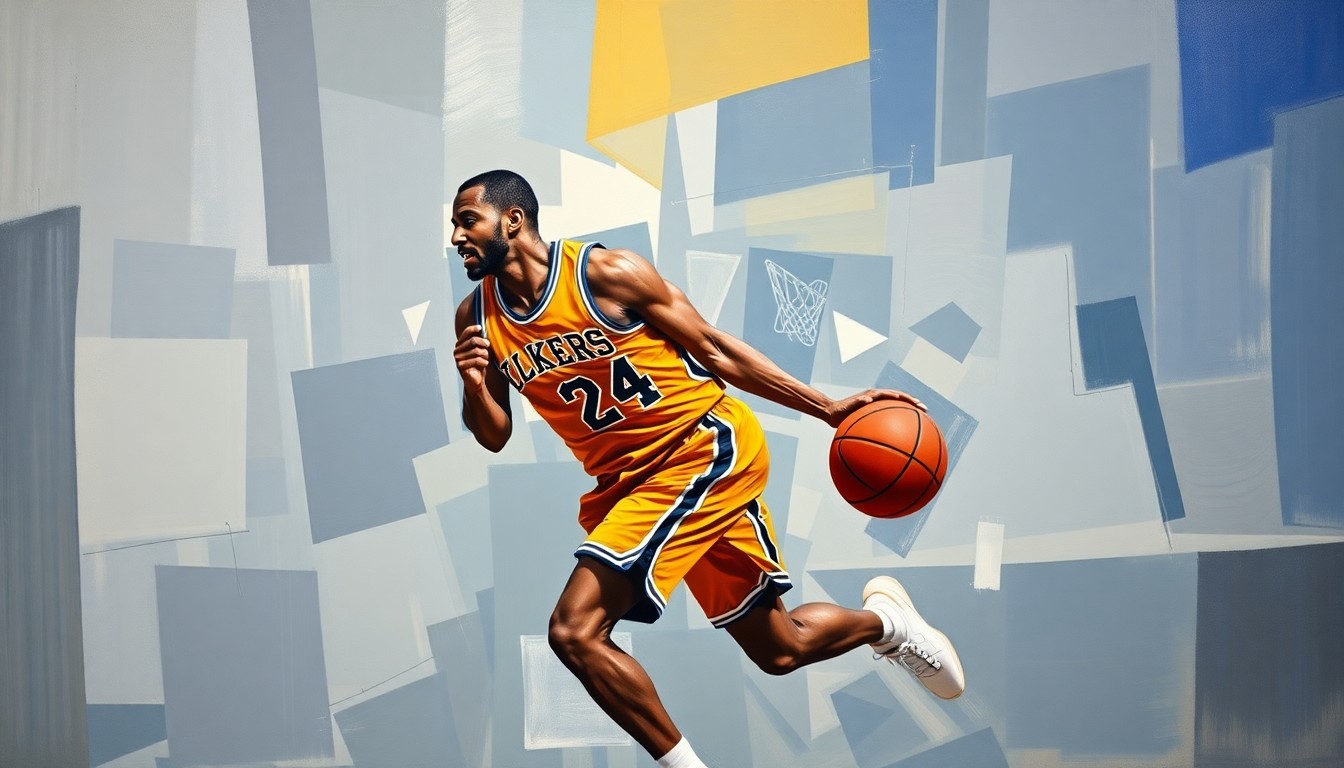 A cubist-style painting depicting a basketball player in mid-motion, with their body broken down into sharp, overlapping geometric shapes and planes in a range of blues, greens, and oranges.