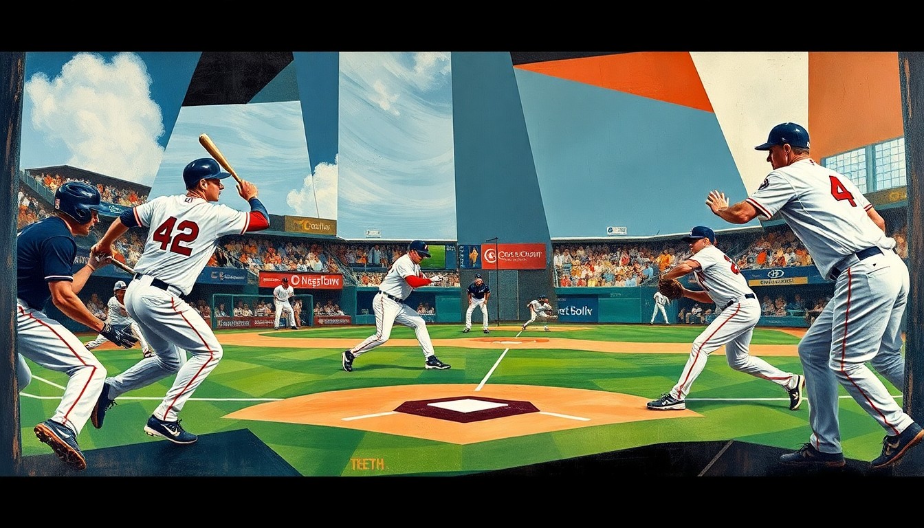 A fractured, cubist-style painting depicting the dynamic motion and energy of a baseball game, with the players' forms broken down into sharp, overlapping geometric planes in a vibrant color palette.