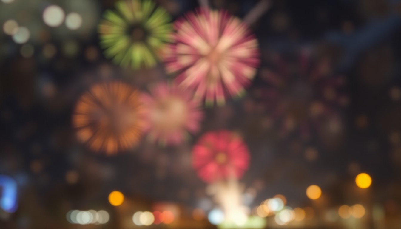 An abstract, impressionistic photograph of a blurred, colorful fireworks display in the night sky, captured through a rain-streaked lens and conveying the celebratory energy of the event.