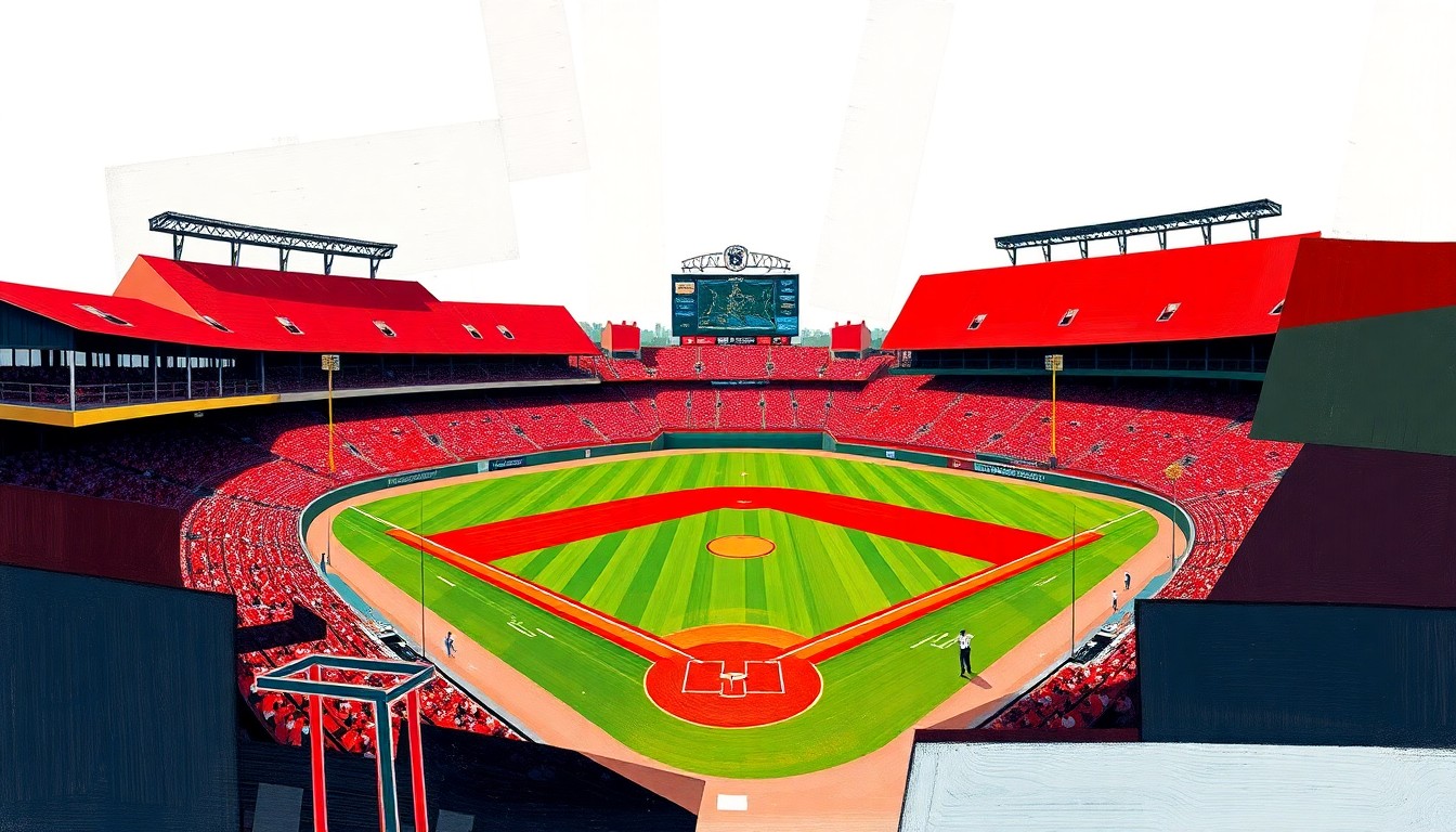 A cubist, geometric painting featuring overlapping planes of red and cardinal colors, representing the action and energy of a college baseball game.