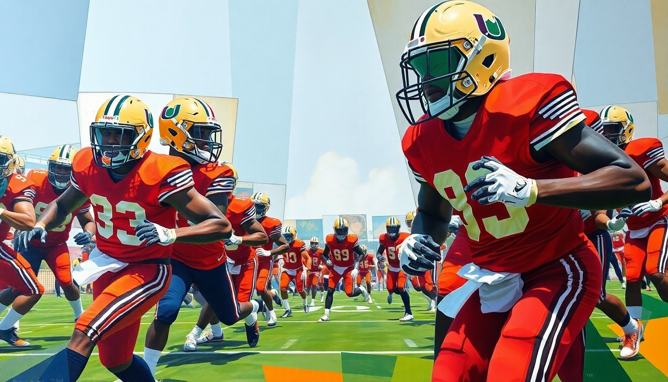 A fractured, multi-perspective painting depicting Miami Hurricanes football players engaged in intense one-on-one drills, with their movements and uniforms broken down into sharp, overlapping geometric shapes and planes of vibrant colors.