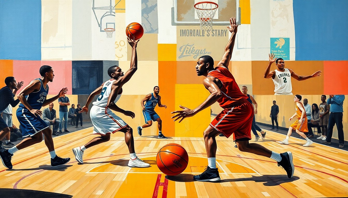 A cubist-style painting depicting a basketball game, with the players and court fragmented into overlapping geometric shapes and planes of vibrant colors, conveying the energy and movement of the sport.