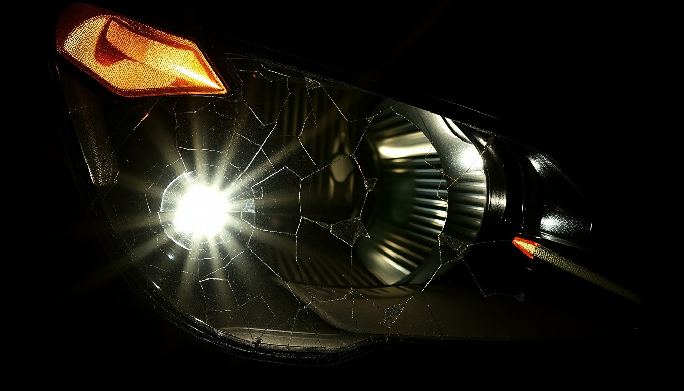 An extreme close-up photograph of a cracked and damaged car headlight lens, capturing the stark, gritty aftermath of a serious car accident.