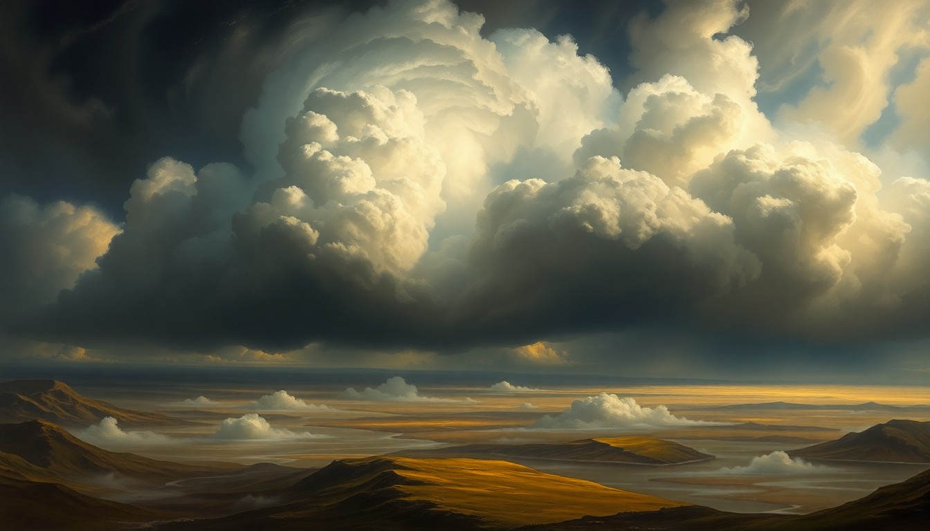 A sweeping, atmospheric landscape painting in muted tones of gray, blue, and green, with a massive, swirling storm system dominating the horizon and dwarfing any physical structures or objects in the foreground, conveying the overwhelming power of nature.