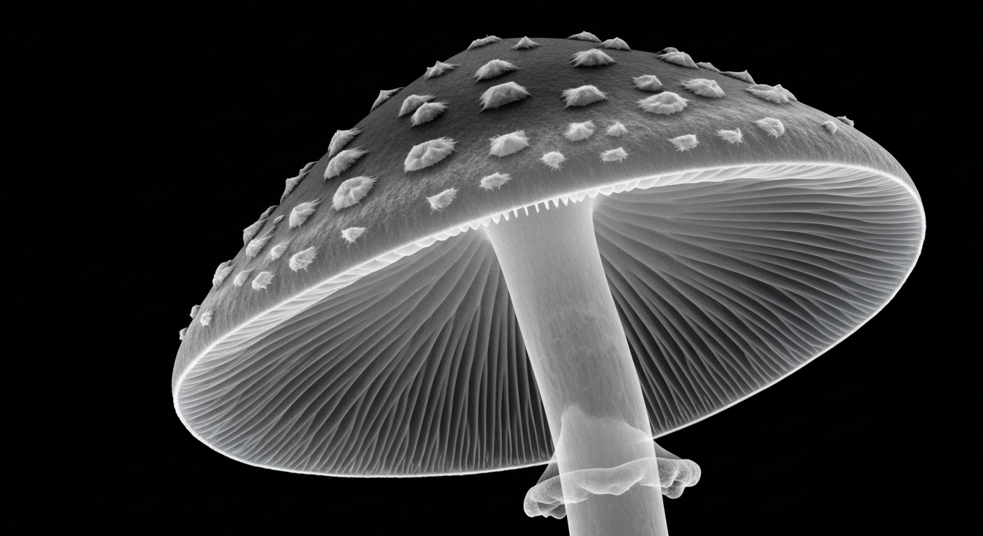 An ethereal, translucent X-ray image showing the intricate internal structure of a death cap mushroom, conveying the hidden dangers that can be found in seemingly innocuous plants.