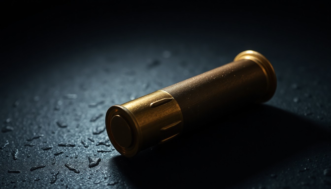 An extreme close-up of a shiny, metallic spent shell casing resting on a rough, dark surface, conceptually representing the aftermath of a shooting incident.