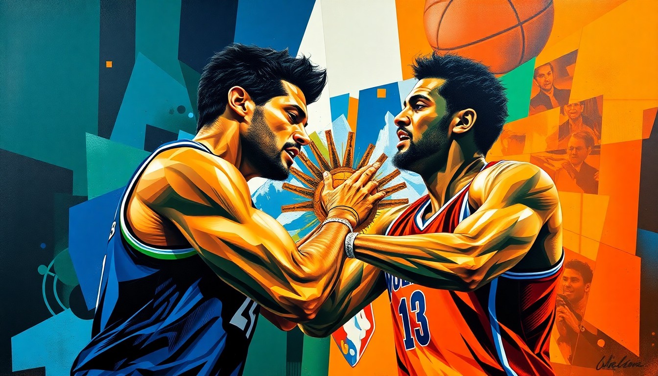 A fractured, cubist-style painting depicting the physical confrontation between two basketball players, with sharp geometric shapes and vibrant colors conveying the intensity of the moment.