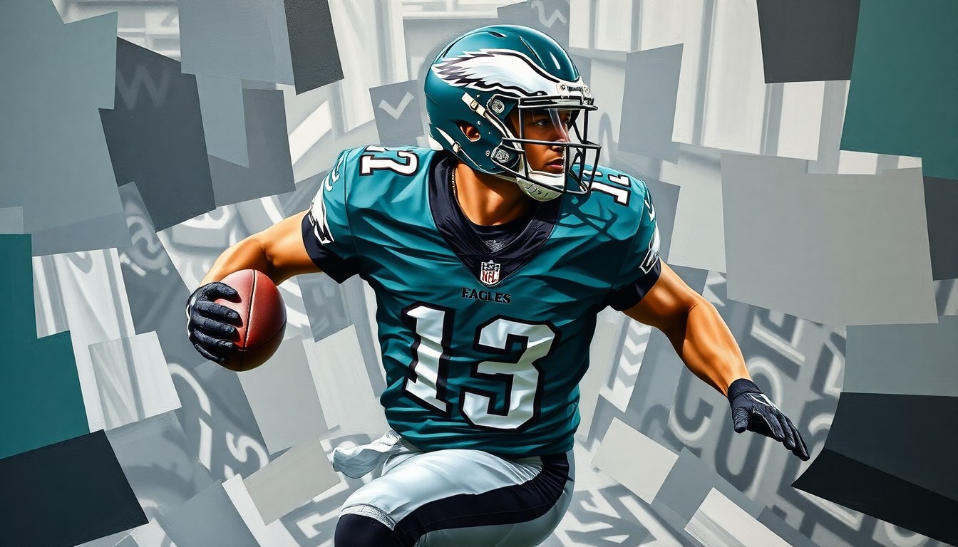 A fractured, cubist-style painting depicting a football player in motion, their body broken down into sharp, overlapping geometric shapes in the colors of the Philadelphia Eagles.