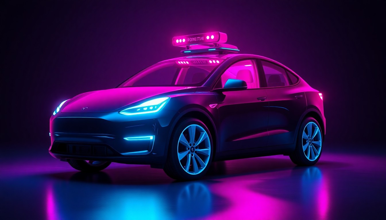 A highly detailed, glowing 3D macro illustration of a Tesla electric vehicle with its sensors and cameras illuminated by neon cyan and magenta lights, conceptually representing the advanced autonomous driving technology powering the company's robotaxi service.