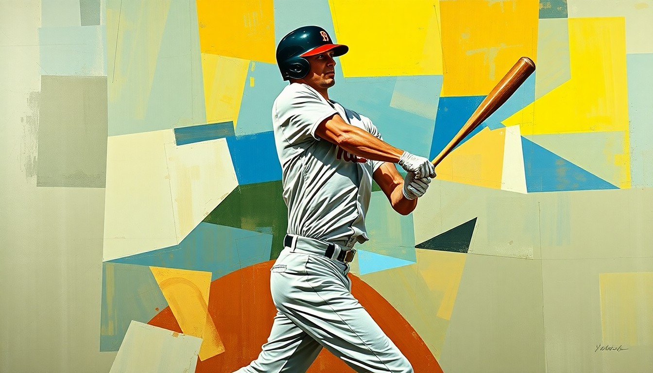 A fragmented, geometric painting depicting a baseball player swinging a bat from multiple angles, the figure broken down into sharp, overlapping planes of color.