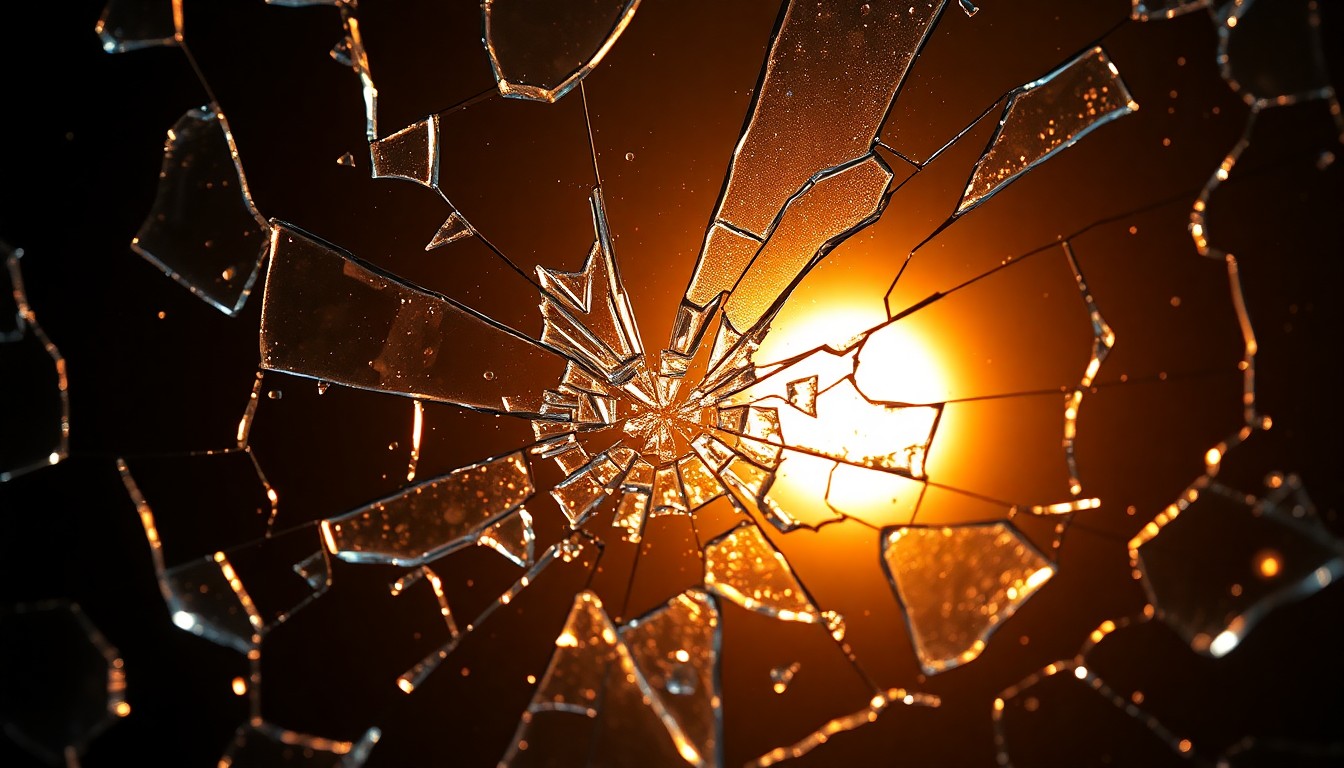 An abstract close-up image of shattered glass fragments reflecting a warm, diffused light, conveying the emotional fragility and turmoil of a celebrity breakup.