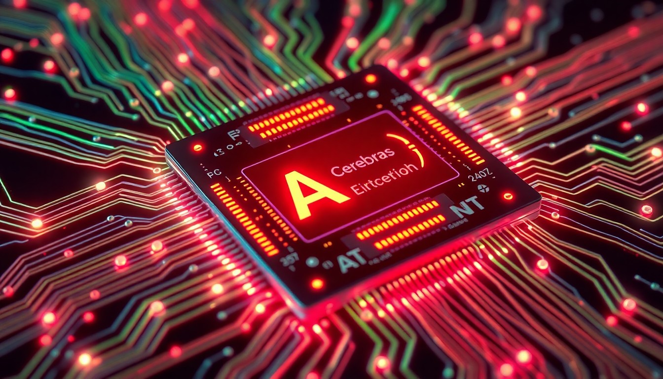 A visually striking 3D illustration of a futuristic AI chip, with intricate circuitry and pulsing neon lights, conceptually representing the advanced technology powering Cerebras' disruptive challenge to Nvidia's market dominance.