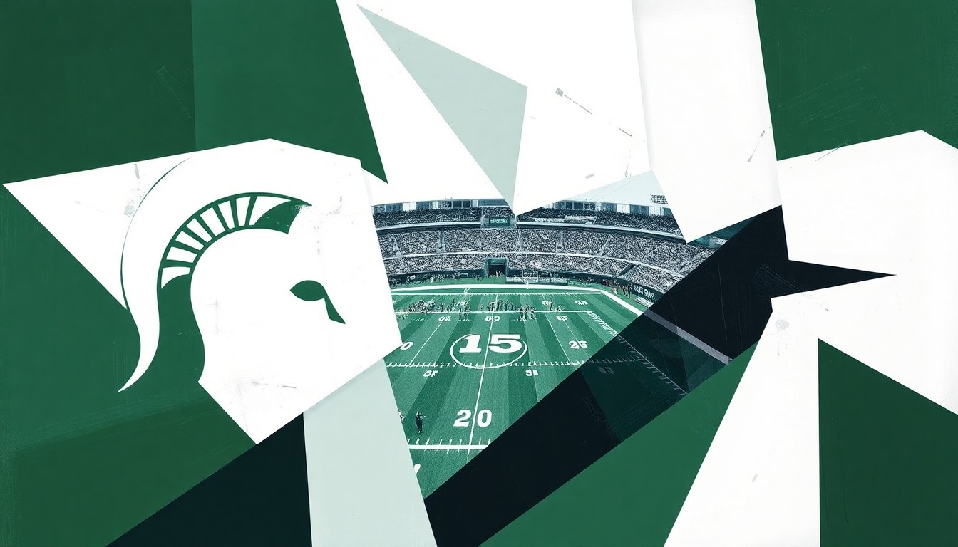 A cubist, geometric painting depicting fragmented, overlapping views of a Michigan State football game or practice, with sharp planes of green, white, and black representing the players and field.