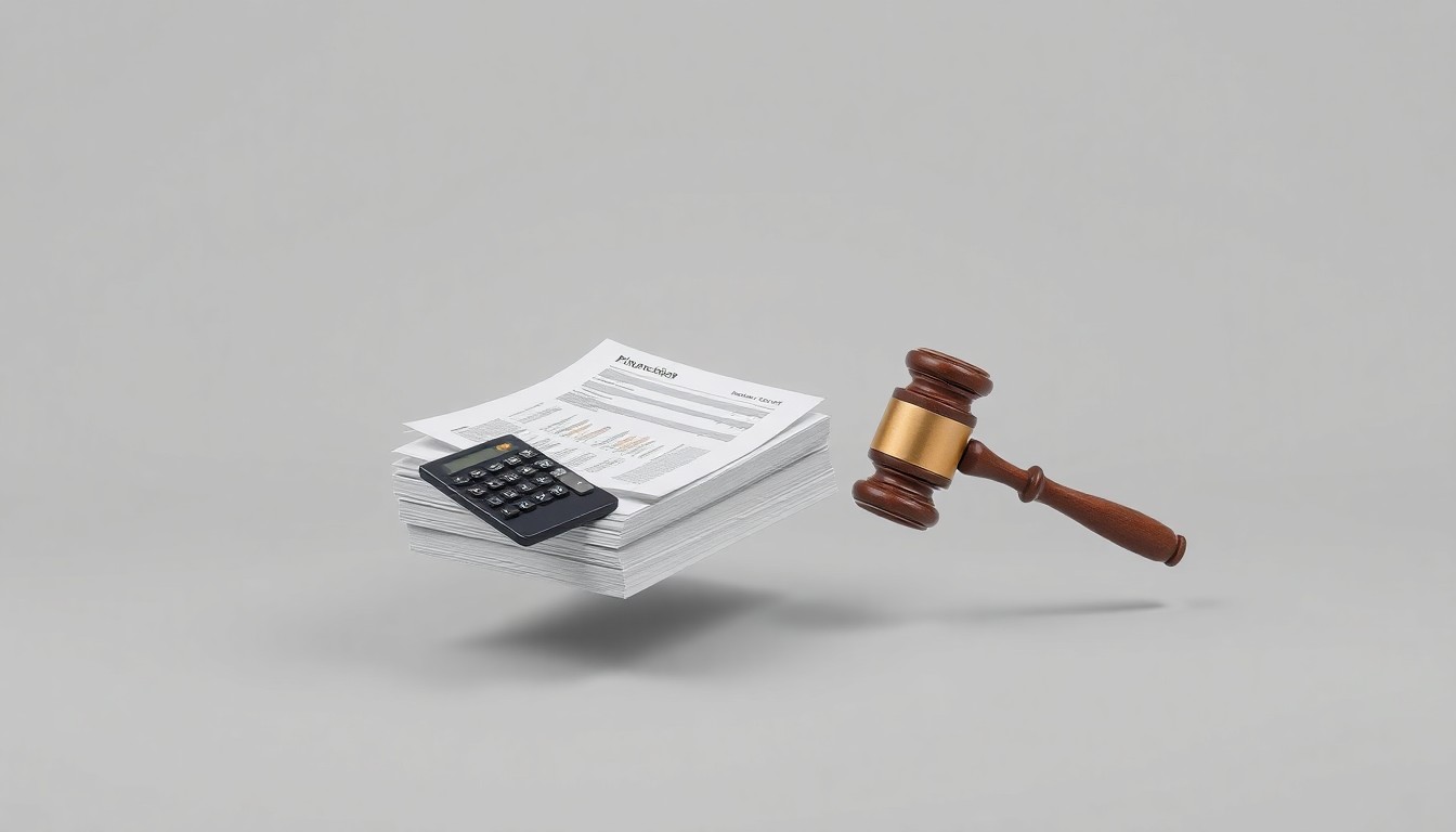 A photorealistic studio still life featuring a stack of financial documents, a calculator, and a gavel floating on a clean, monochromatic grey background, conceptually representing the abstract legal and financial issues surrounding the ADMA Biologics investigation.
