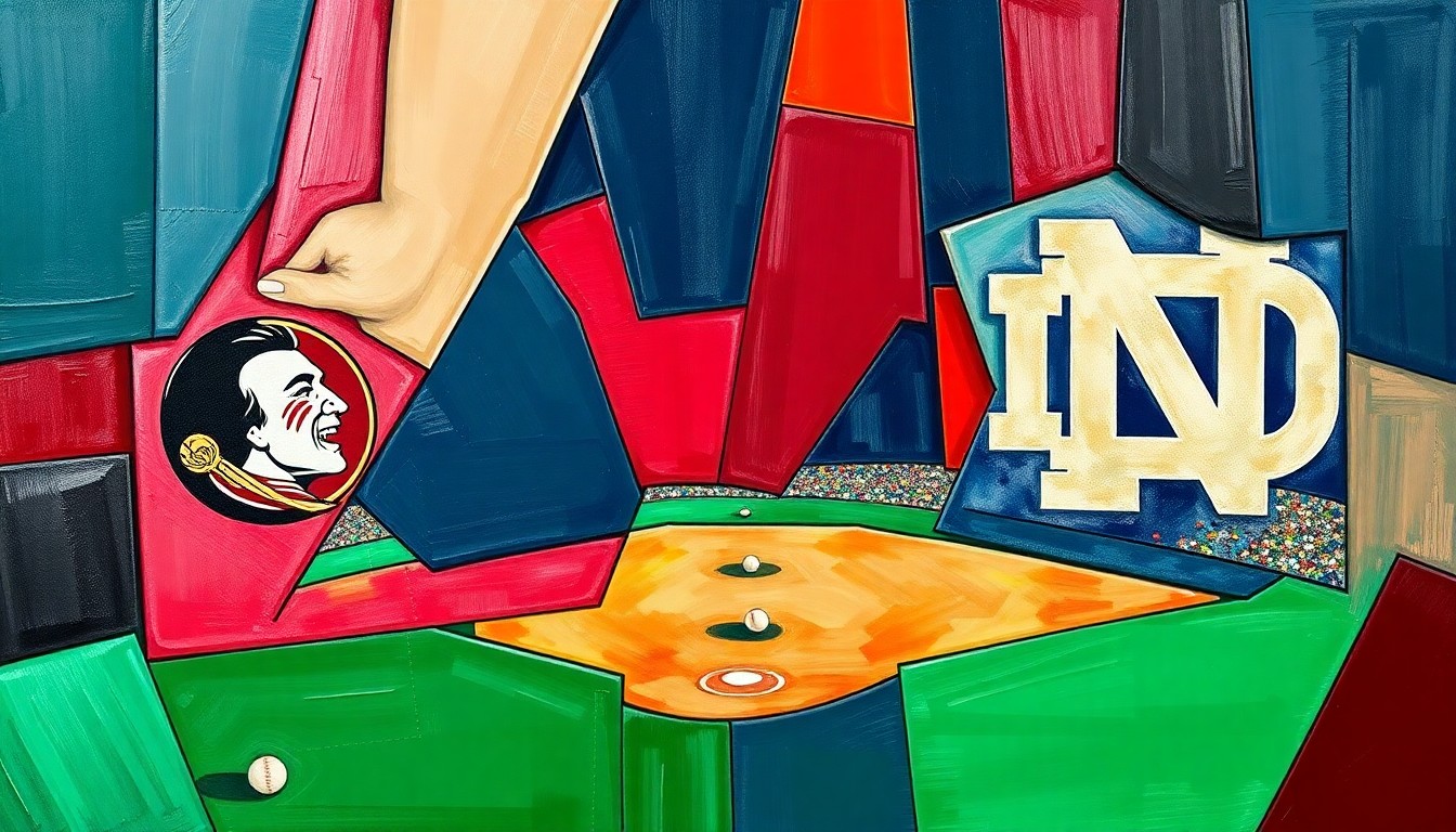 A cubist, geometric painting depicting a college baseball game, with overlapping planes of color and shape representing the dynamic action on the field.