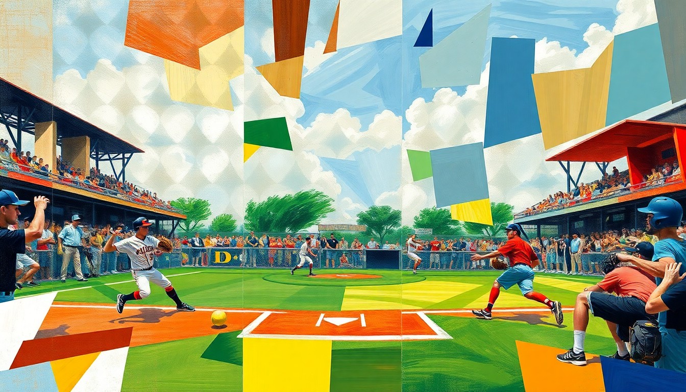 A fragmented, geometric painting depicting the dynamic movements and competitive energy of a softball game, with players and the field deconstructed into sharp, overlapping planes of color and form.
