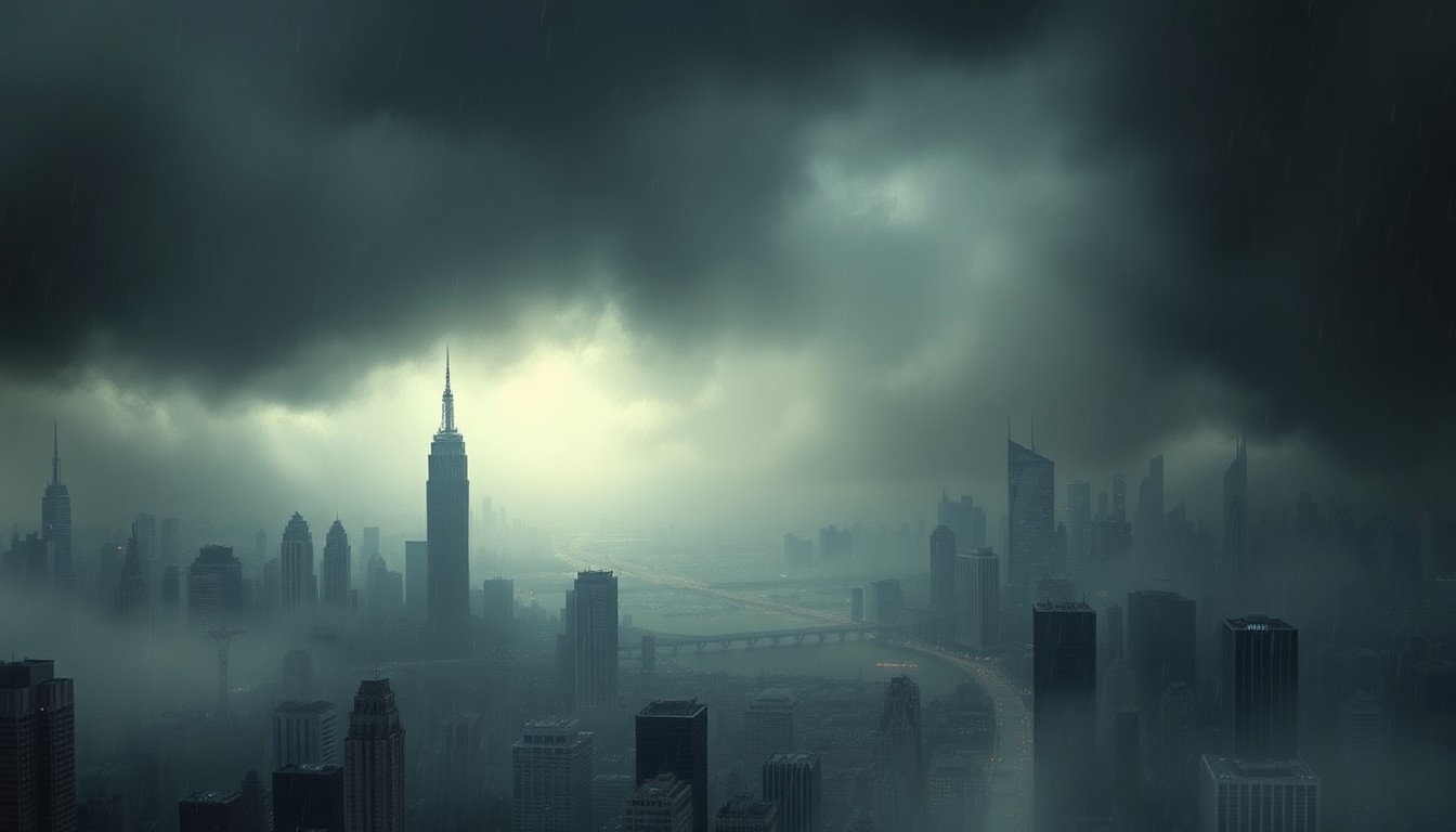 A vast, atmospheric landscape painting depicting a rain-soaked city skyline shrouded in heavy mist, with the physical structures of the city dwarfed by the overwhelming natural forces of the weather.