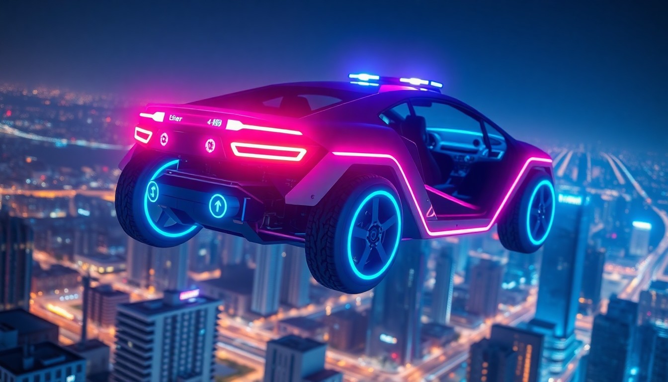 A highly detailed, 3D illustration of a futuristic, glowing autonomous vehicle chassis with illuminated sensors and control modules, floating above a cityscape at night. The vehicle is rendered in a palette of neon cyan, magenta, and electric blue, evoking a sense of advanced, high-tech transportation.