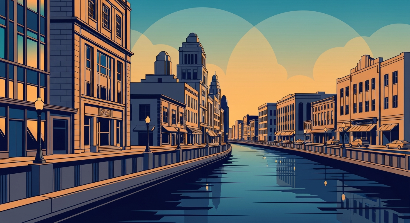 An Art Deco-inspired illustration depicting the grand scale and architectural elegance of West Dundee's historic downtown district along the Fox River, with bold geometric shapes, sweeping perspectives, and a color palette of deep blues, warm ochres, and metallic accents.