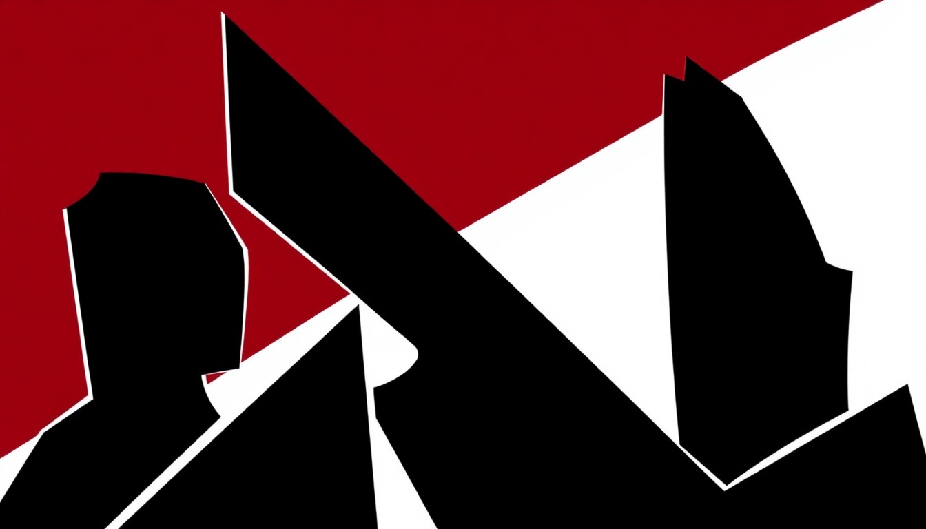A striking abstract composition of bold, jagged geometric shapes in deep burgundy, jet black, and bright white, conceptually representing the themes of power, perception, and desire explored in the 'Pretty Woman' stage play.