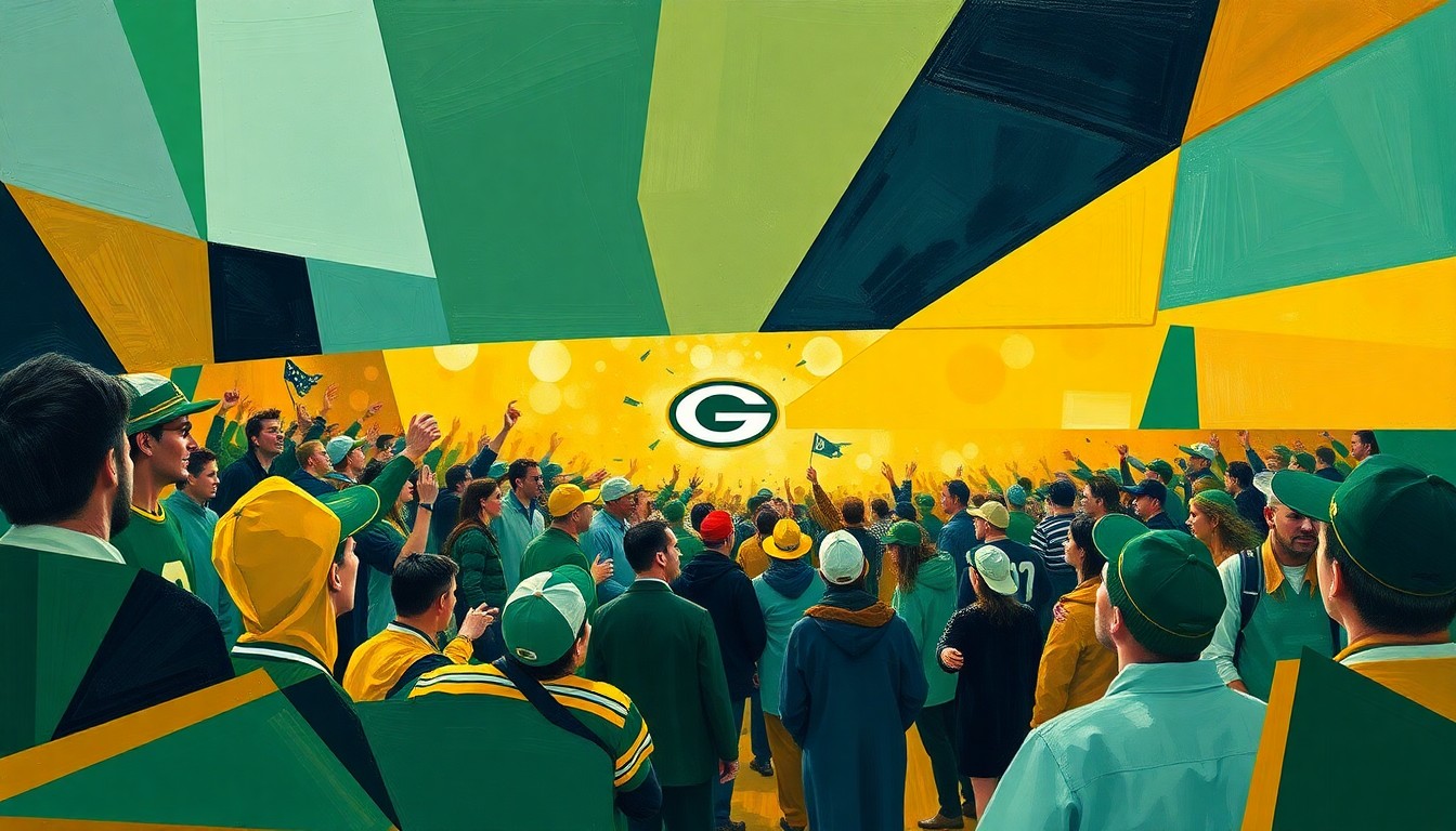 A cubist, geometric painting depicting a Packers tailgate celebration, with overlapping planes of green, gold, and navy blue shapes representing the energy and excitement of the event.