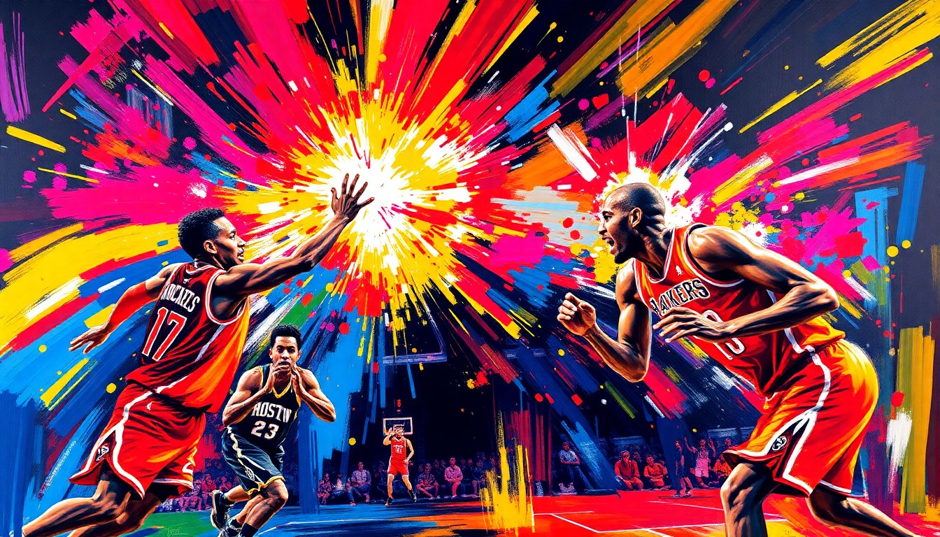A vibrant, expressionist painting using bold, neon-colored brushstrokes to depict the raw energy and intensity of an NBA playoff game, with the players' forms dissolving into abstract shapes and movements.
