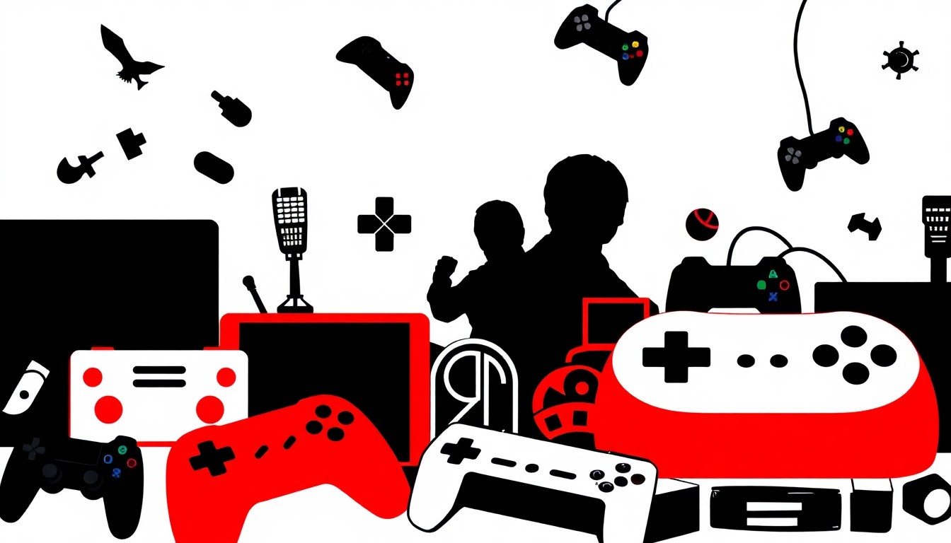 A minimalist, abstract illustration featuring bold black silhouettes of various gaming elements like board game pieces, video game controllers, and playing cards, set against a high-contrast background of solid red and white shapes.