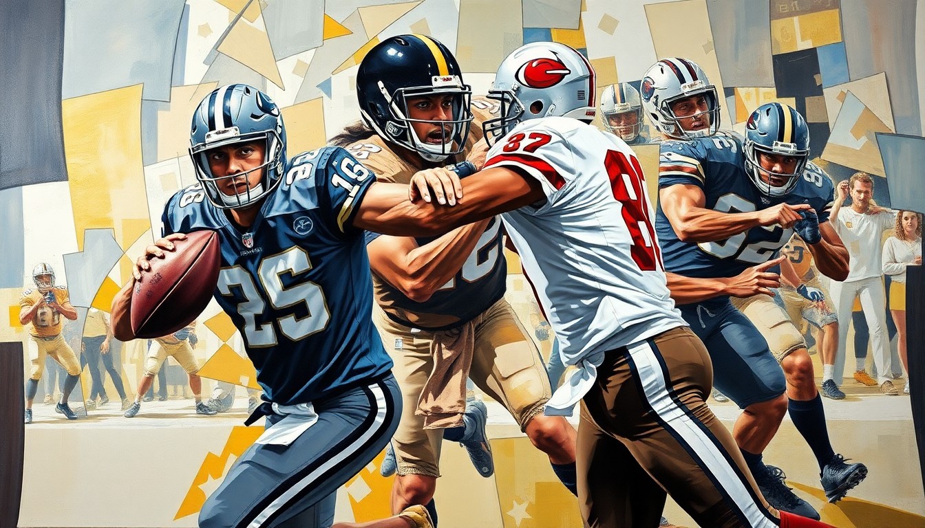 A fragmented, geometric painting depicting the explosive movements and collisions of a defensive end rushing the passer, with sharp planes of color and form capturing the dynamic action.