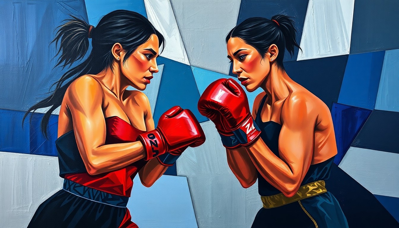 A cubist, geometric painting depicting the intense rivalry between two female boxers, with sharp planes of navy, crimson, and silver conveying the competitive energy and tension between the champions.