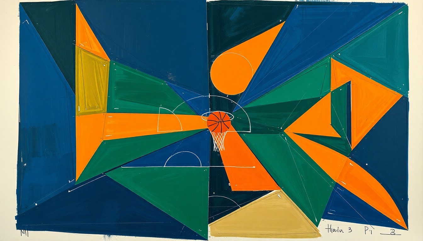 A fractured, geometric painting depicting the overlapping movements and perspectives of a basketball game, with sharp planes of navy, green, and orange hues representing the strategic addition of veteran point guard Tyus Jones to the Denver Nuggets' roster.