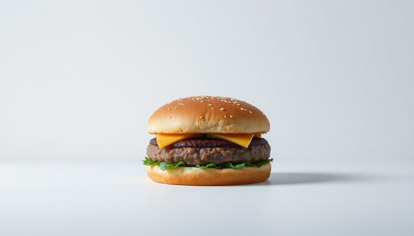 A photorealistic studio still-life image of a single, high-quality burger patty made from polished raw materials and clean geometric shapes, arranged elegantly on a clean, monochromatic background with dramatic studio lighting and deep shadows, conceptually representing the abstract idea of quality and value in the fast-food burger market.