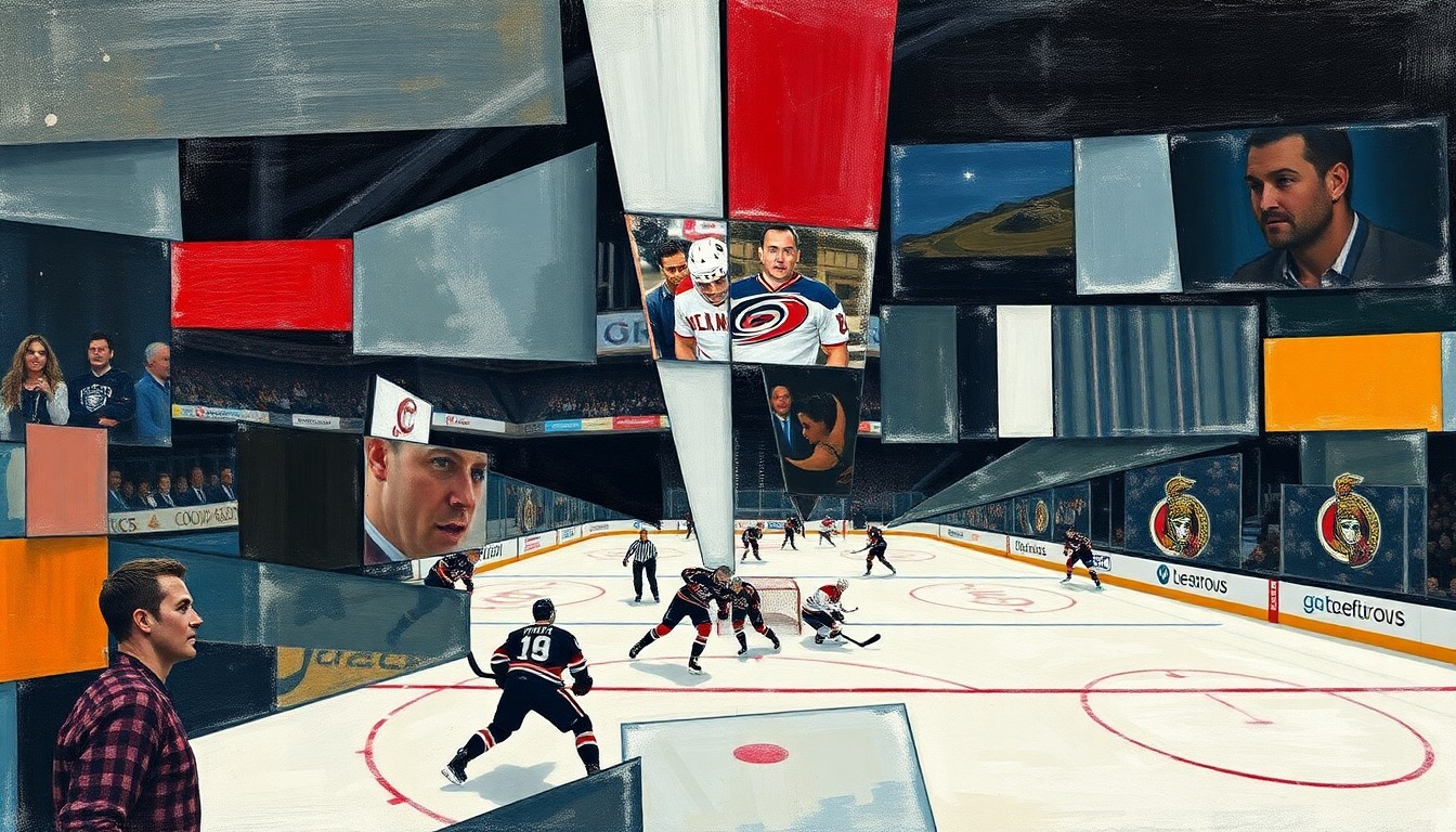 A cubist, geometric painting depicting a hockey game in motion, with overlapping planes of color and shape representing the players, puck, and arena.