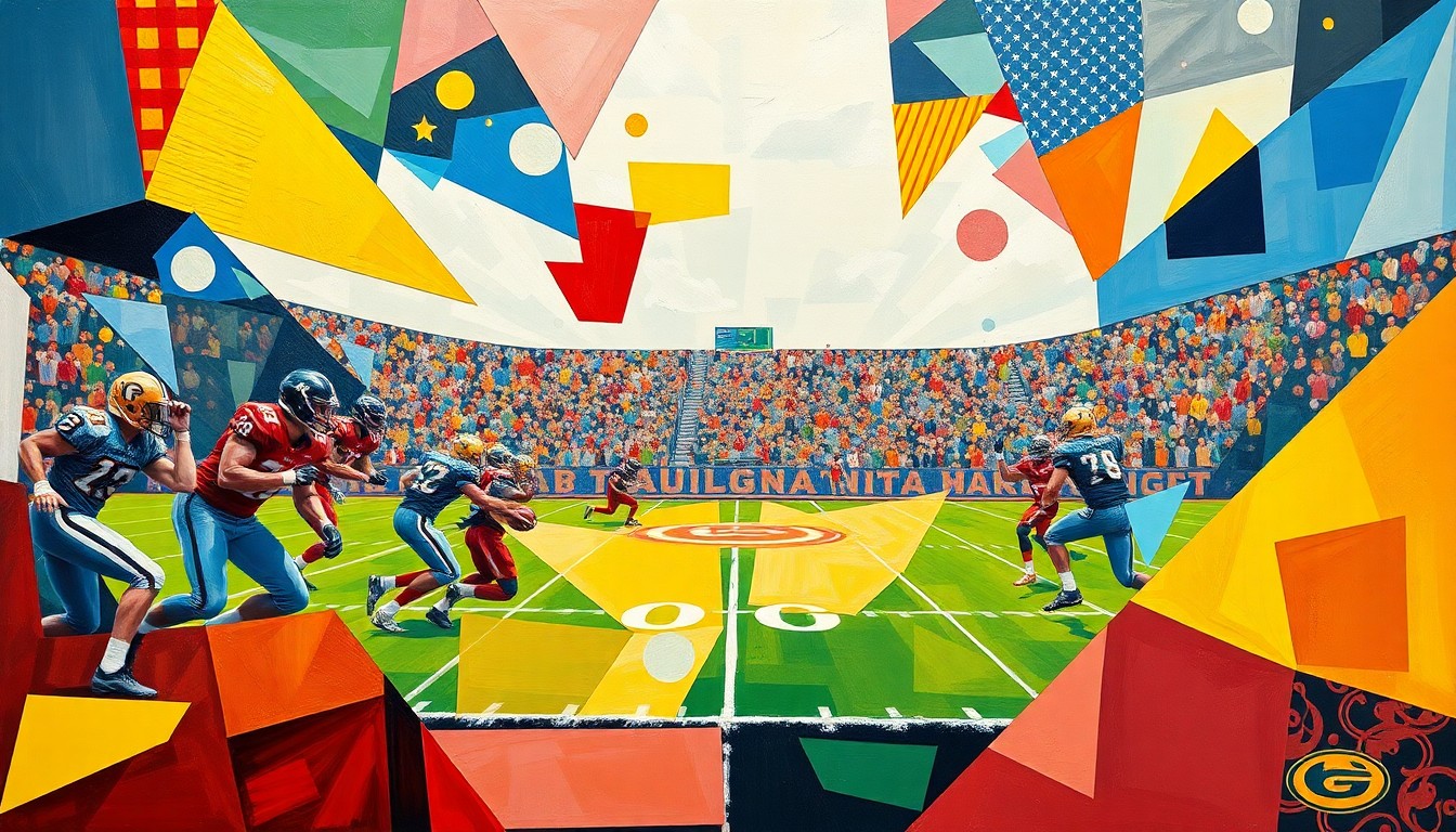 A fractured, multi-perspective painting breaking down a high school football game into sharp, overlapping geometric planes of vibrant team colors, conceptually representing the Garden City Trojans' sustained excellence on the field.
