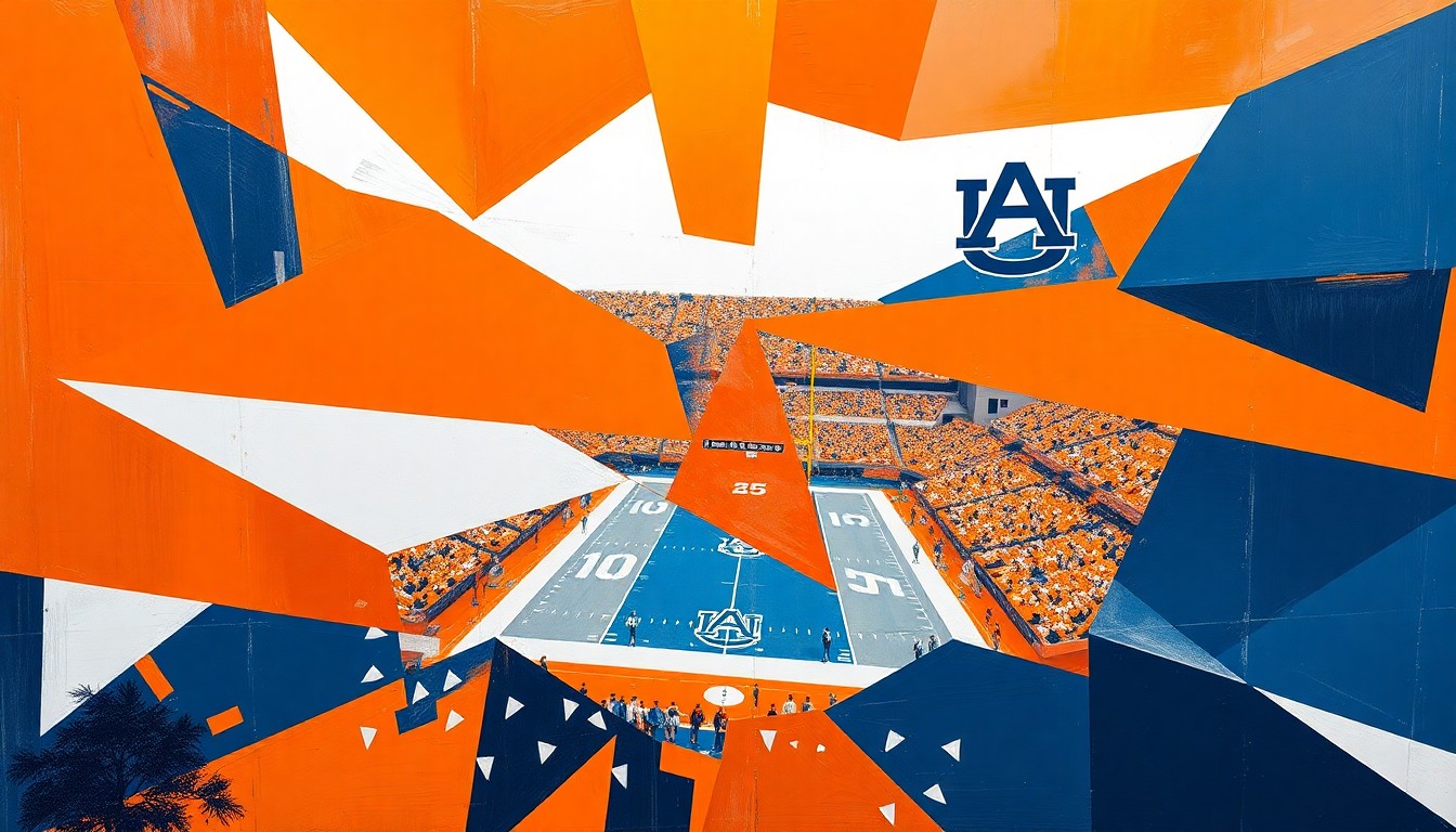 A cubist, geometric painting depicting an abstract Auburn football game, with sharp planes of orange, blue, and white overlapping to create a dynamic, fragmented visual representation of the sport.