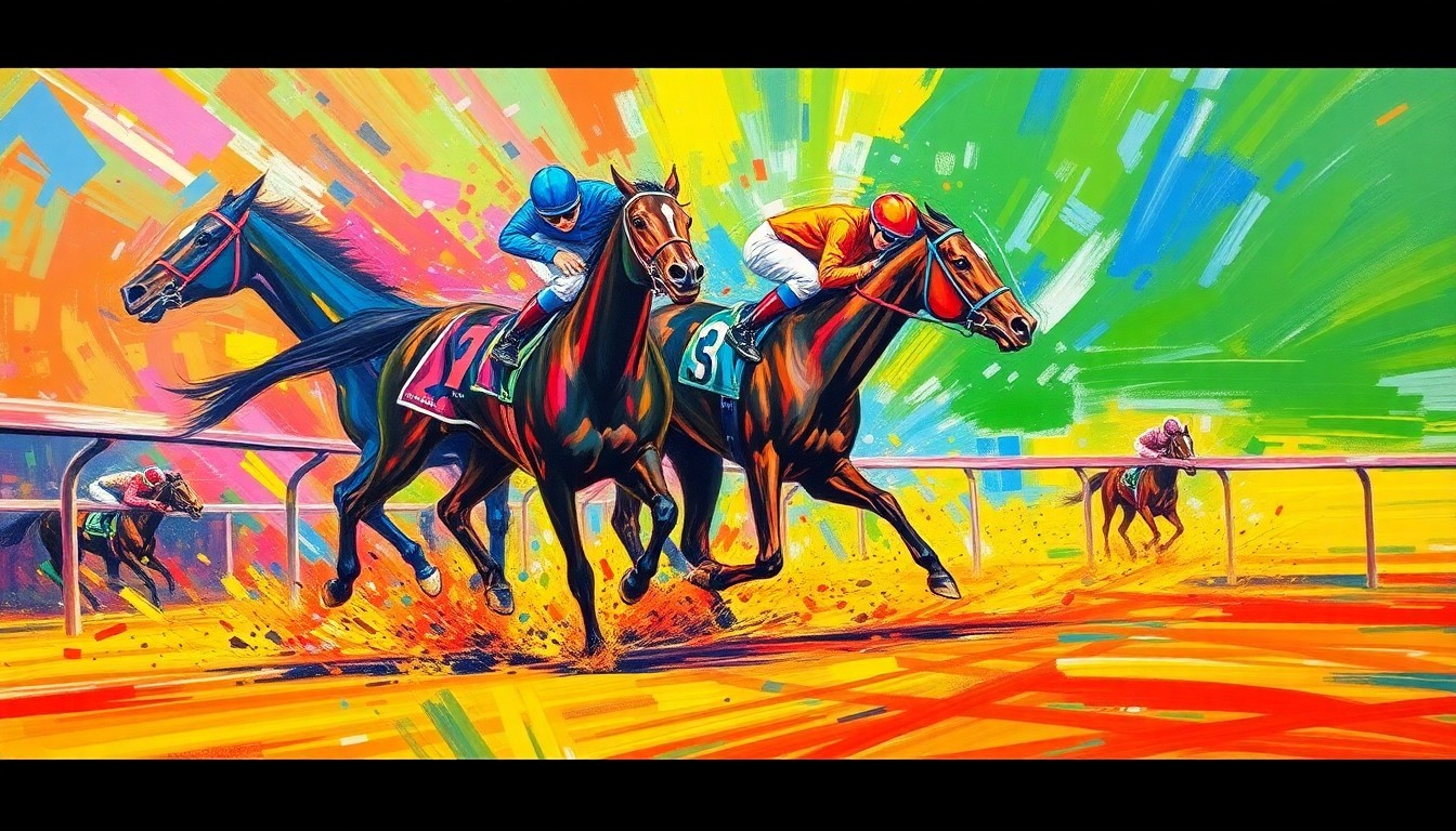 A dynamic, colorful painting depicting the powerful strides and muscular movements of a racehorse charging towards the finish line, conveying the raw energy and excitement of the sport.