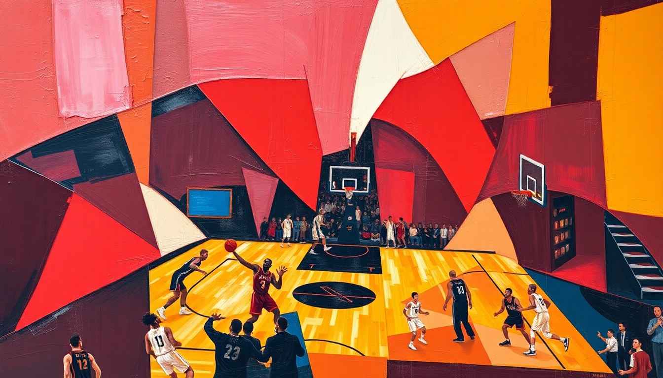 A cubist, geometric painting depicting fragmented basketball players and a ball, rendered in bold, overlapping shapes and colors that capture the dynamic energy of the sport.