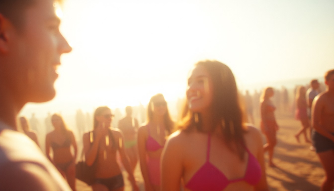An abstract, out-of-focus photograph depicting a crowded beach scene with silhouetted figures against a bright, hazy background, conveying the energy and atmosphere of a spring break celebration.