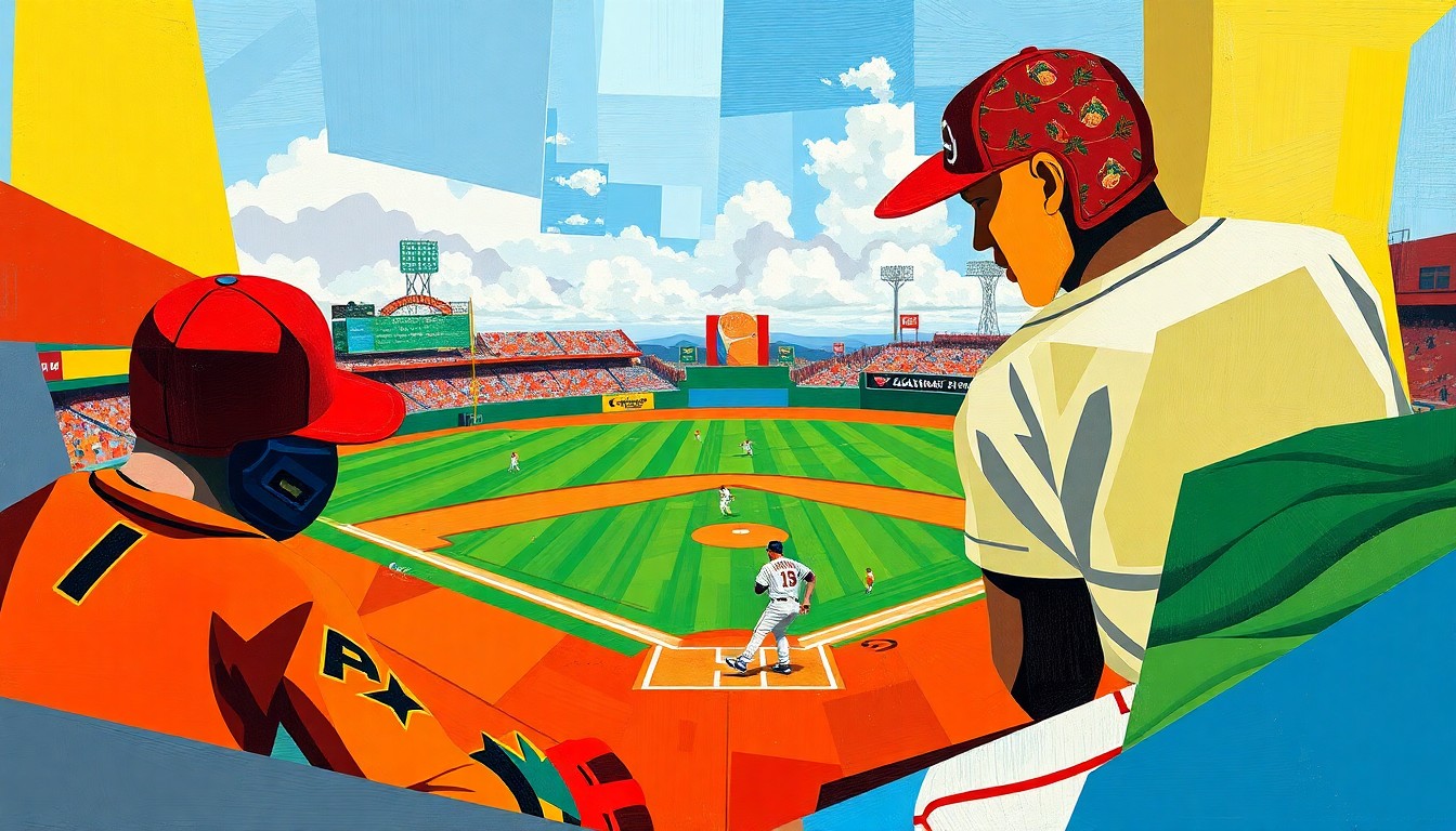 A cubist, geometric painting depicting a baseball game in motion, with overlapping shapes and planes of bright orange, blue, and green colors representing the players and field of play.