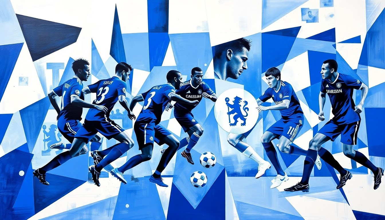 A cubist, geometric painting depicting a fractured, multi-angled view of a soccer match, with the players' forms abstracted into overlapping angular shapes in shades of blue and white, capturing the disruption and distress of a key injury for Chelsea.