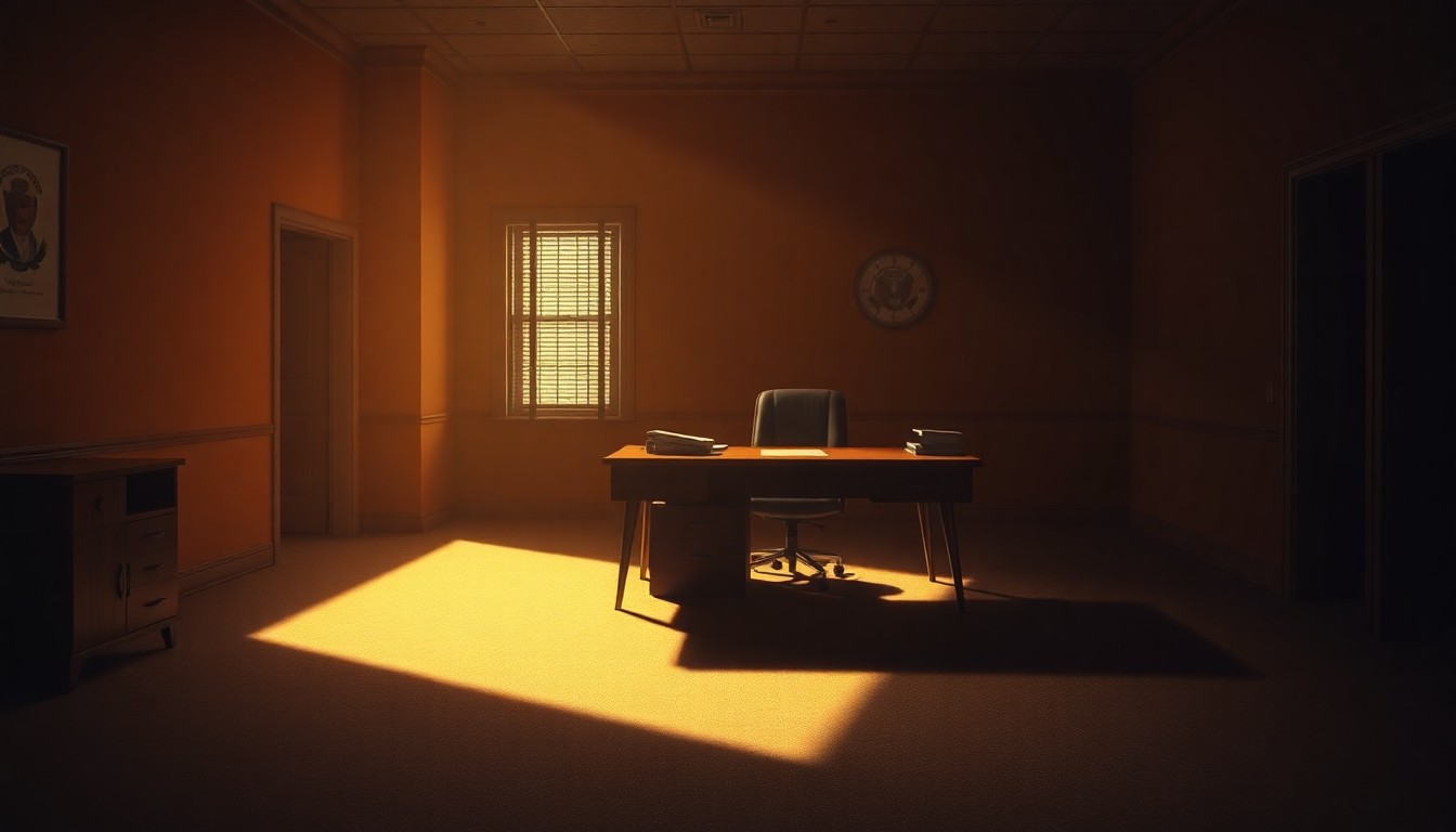 A dimly lit government office desk in warm, golden light, with deep shadows, conveying a sense of quiet contemplation and unease over the Mandelson vetting scandal.