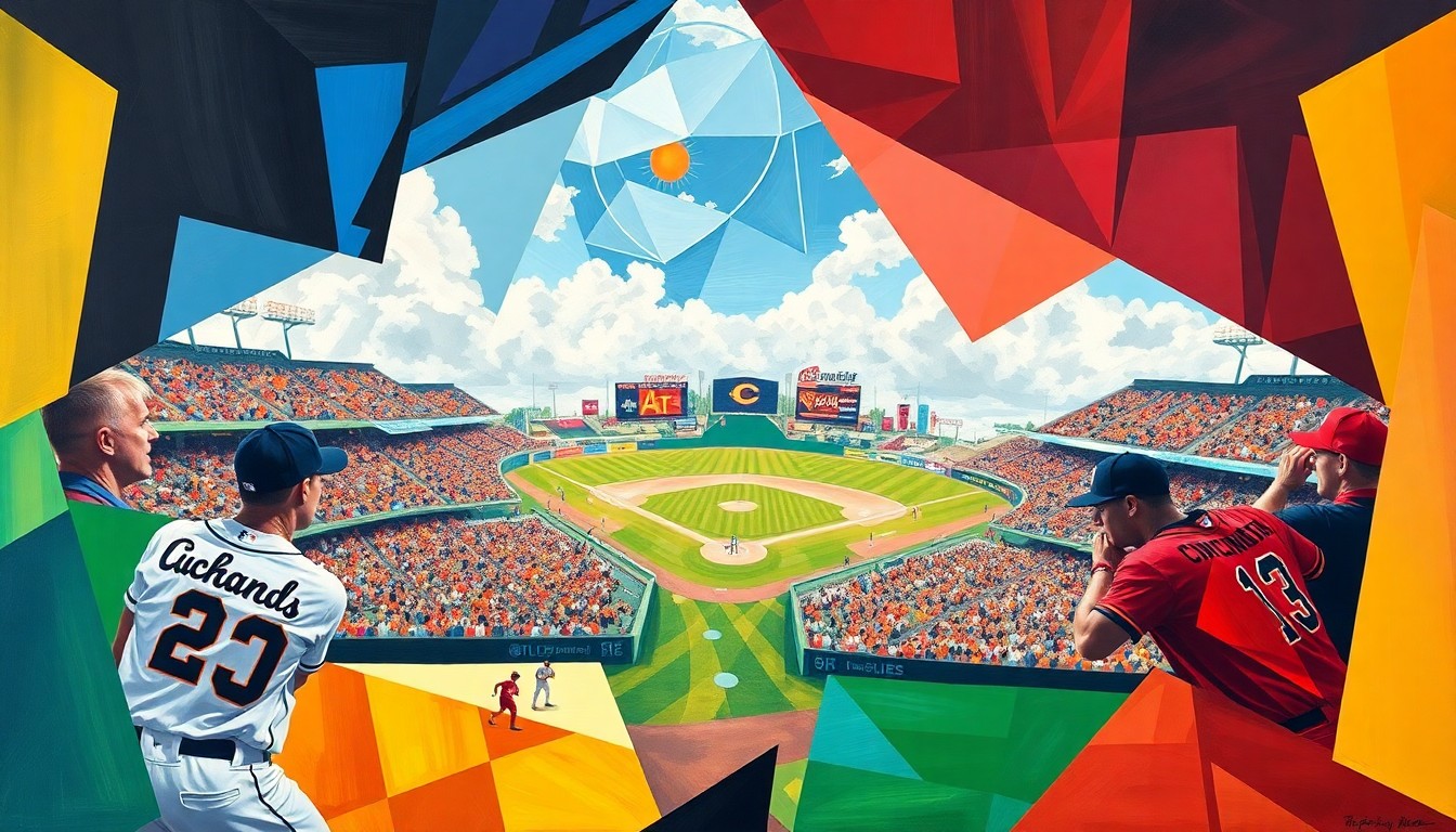 A cubist-style painting featuring fragmented, overlapping geometric shapes in the colors of the UCF and Cincinnati baseball uniforms, capturing the dynamic action and energy of the game.