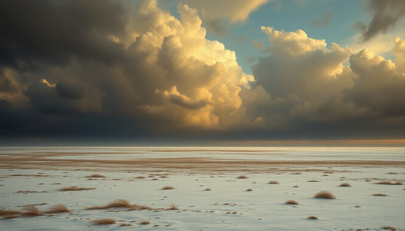 A sweeping, atmospheric landscape painting in muted tones of gray, white, and blue, depicting a vast, snow-covered field under a dramatic, cloudy sky. The scene conveys the overwhelming, sublime scale of the natural world, with the horizon line low in the frame to emphasize the expansive, atmospheric perspective.