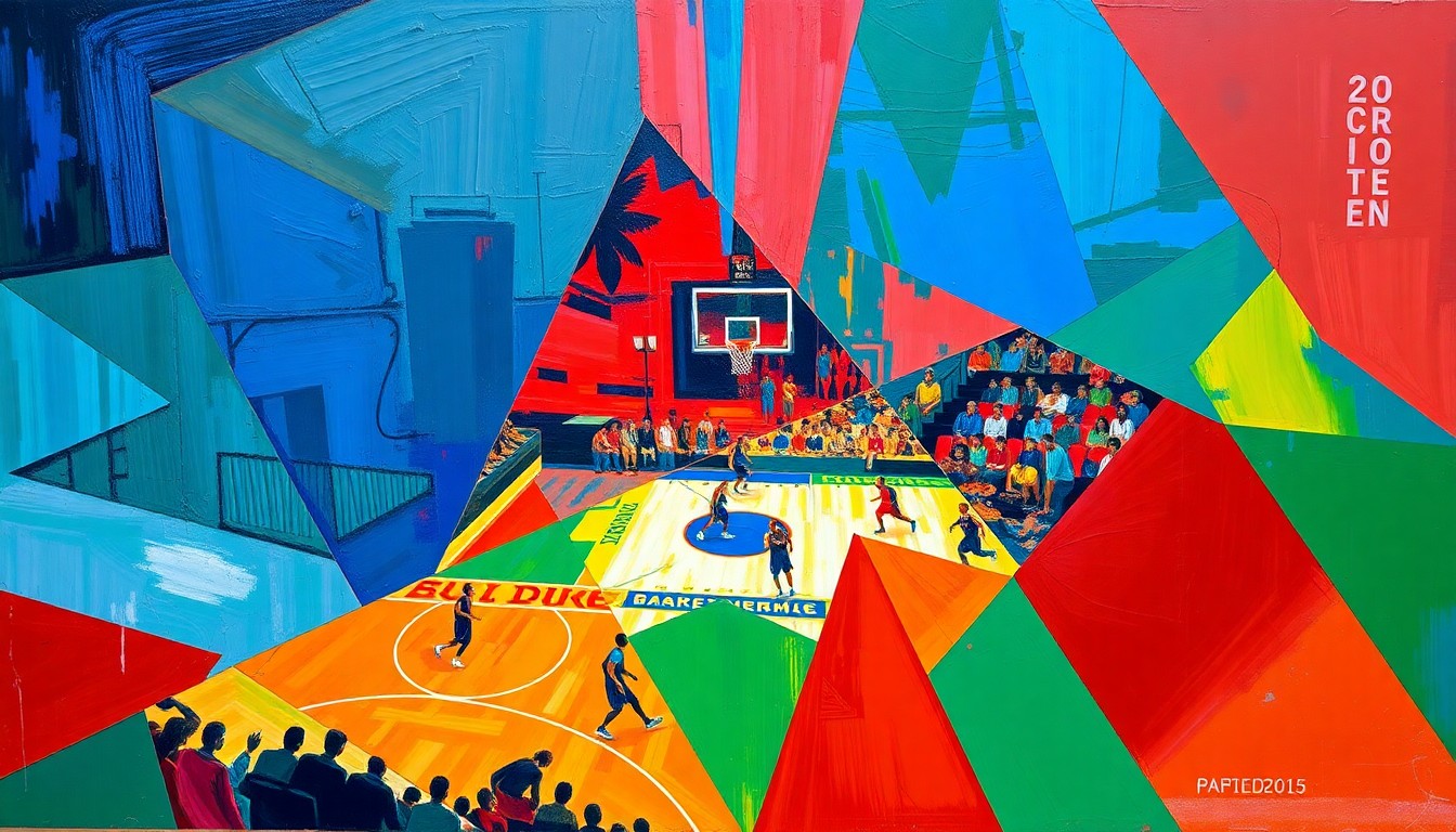 A cubist, geometric painting depicting the action and energy of a WNBA basketball game, with sharp, overlapping planes of color representing the players, ball, and court.