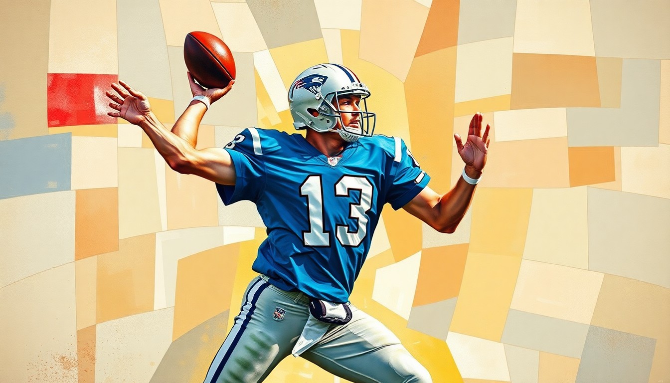 A fragmented, geometric painting depicting the various angles and movements of a college football quarterback's throwing motion, with no recognizable faces or identifiable elements.