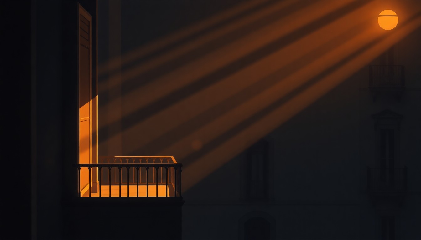 A serene, cinematic painting of a papal balcony overlooking a dimly lit city street, with warm sunlight and deep shadows creating a contemplative atmosphere.